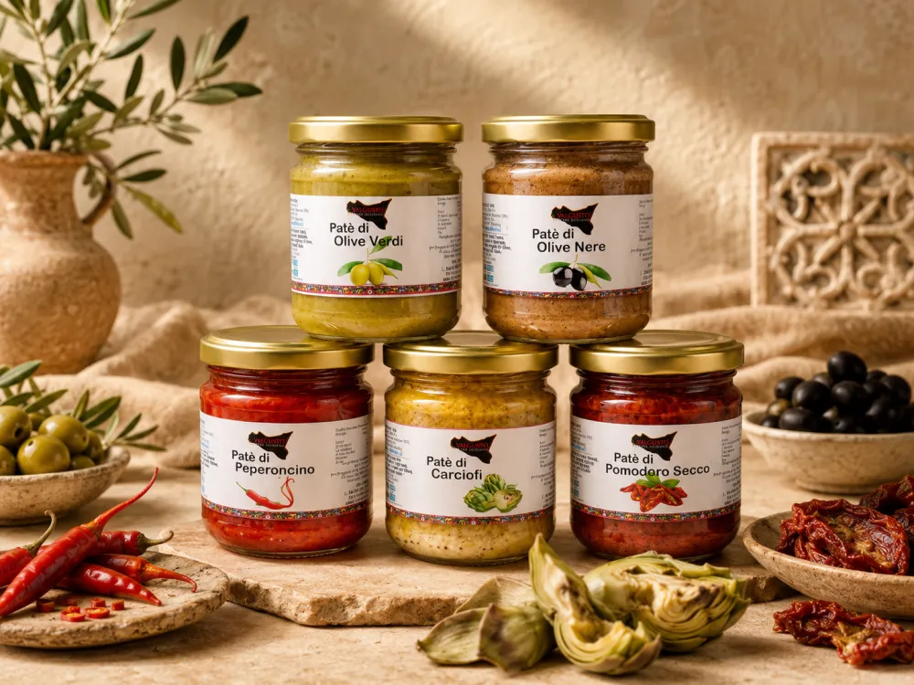 Collezione di patè Valgusto: olive, peperoncino, carciofo e pomodoro secco