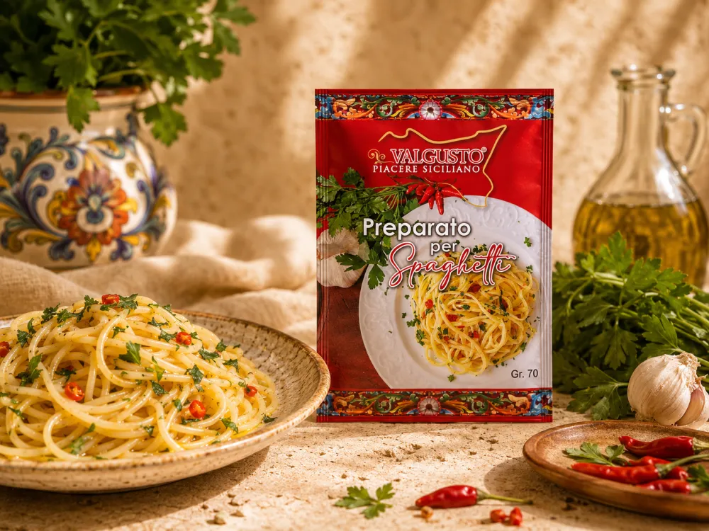 Preparato per spaghetti Valgusto con piatto di pasta condita