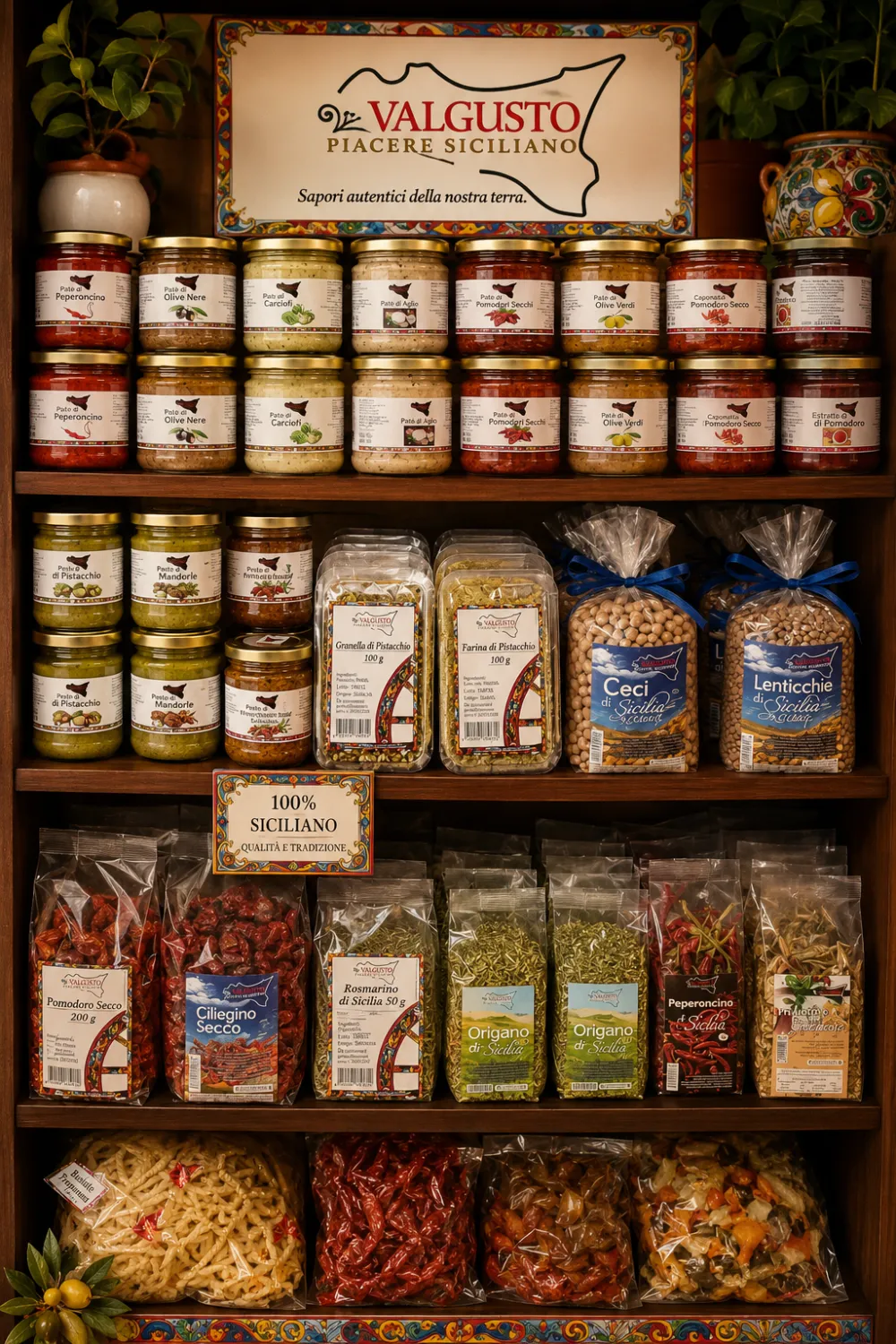 Scaffale espositore Valgusto con vasetti, buste di legumi e specialità