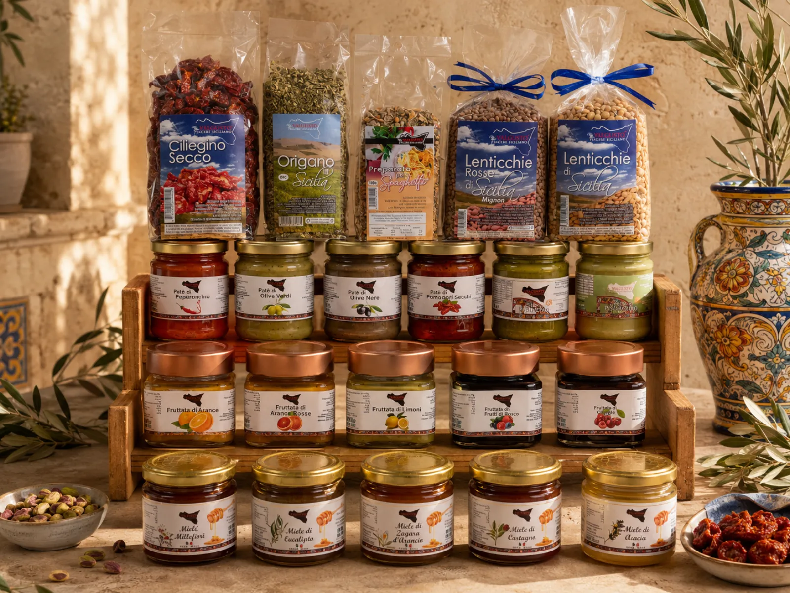 Espositore di specialità siciliane Valgusto: patè, fruttate, miele e legumi